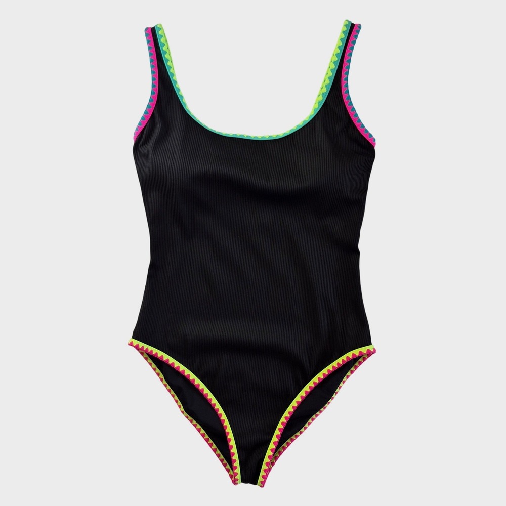 Popvil Womens One Piece Swimsuit Black Ribbed Neon Ric Rac Trim Size‎ Large